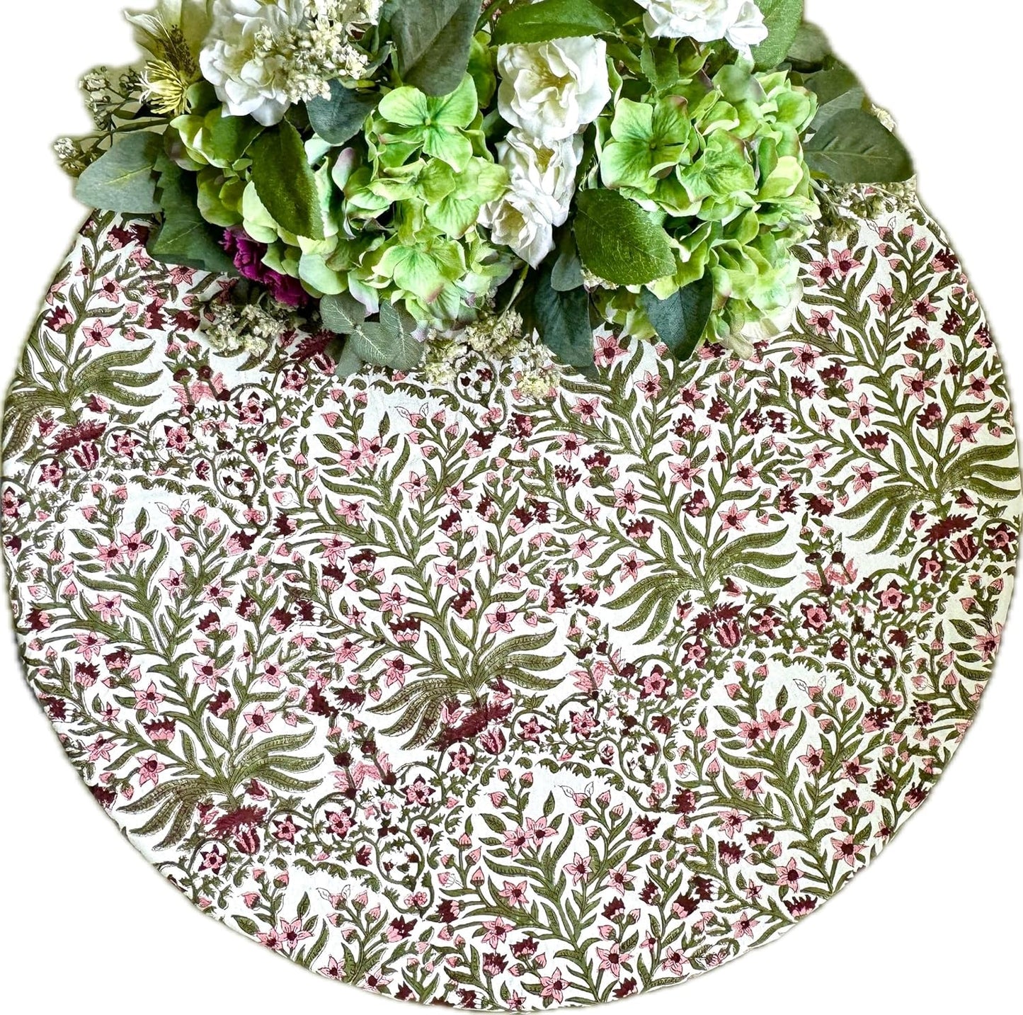 ATOSII Nargis Pink 100% Cotton Round Block Print Summer Tablecloth, Floral Table Cloth Linen for Dining Parties Weddings Outdoors Holidays I 60" Inches Round, 4 Seater I Grandmillennial Farmhouse Boho