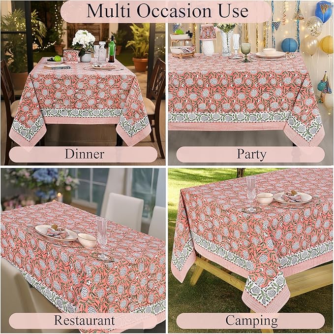 Ridhi Hand Block Print Dark Salmon Pink Rectangle Cotton Tablecloth 190" x 72" Reusable Table Cover Decorative Everyday Use for Dining, Farmhouse, Home Gift for Spring, Easter, Valentine