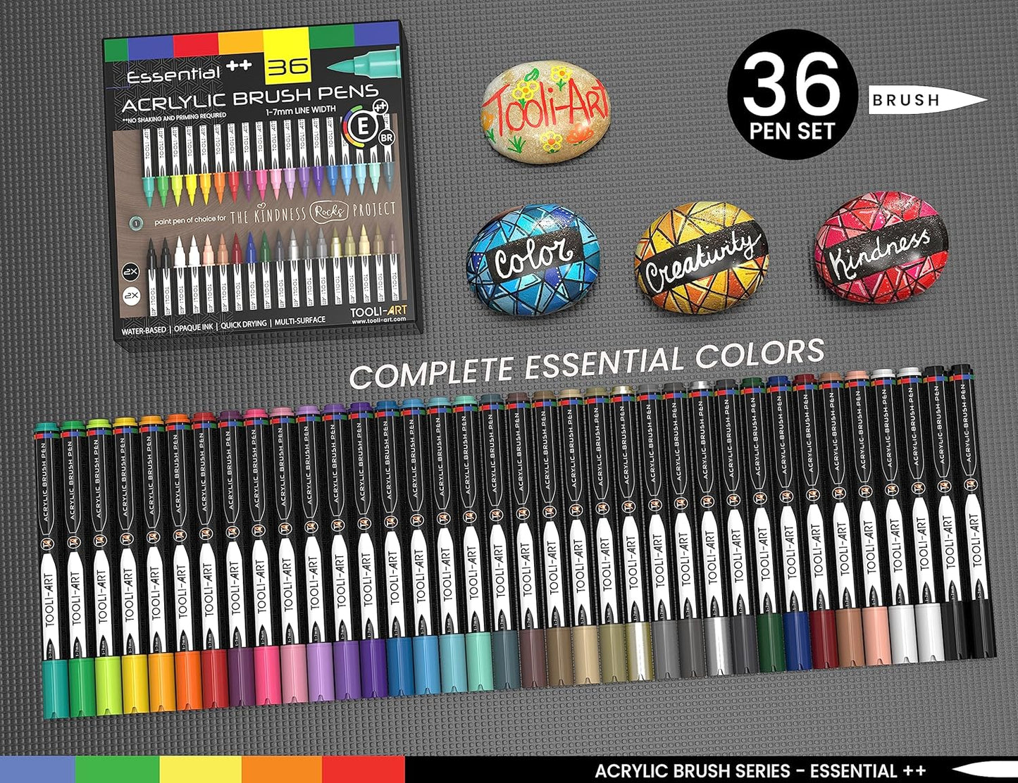 36 Flexible Brush Tip Acrylic Paint Pens Markers Set 1-7mm Line for Rock Painting, Brush Lettering, Scrapbooking, Glass, Mugs, Wood, Metal, Canvas, Fabric, Plastic. Non Toxic Waterbased Quick Drying