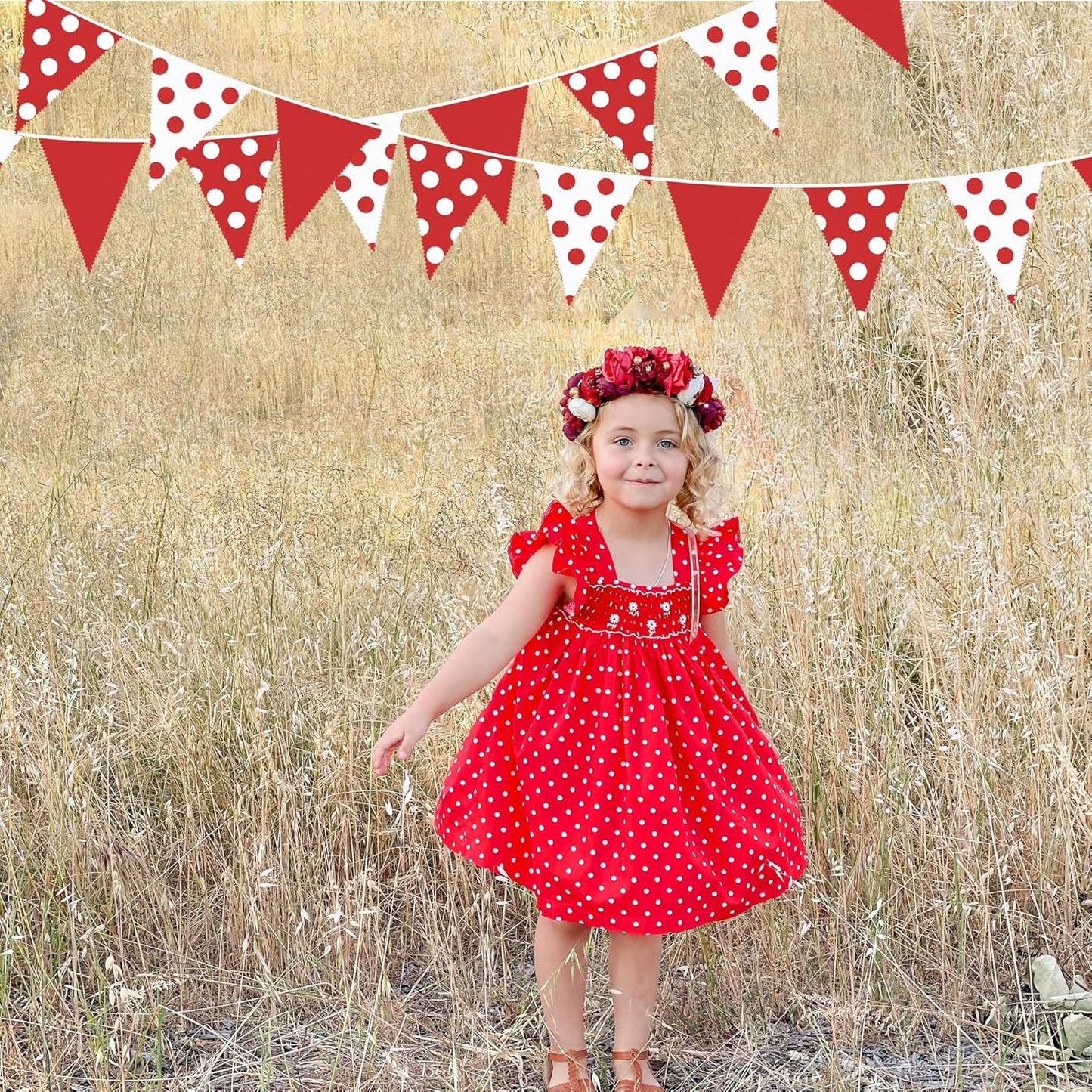 32Ft Red Party Decorations Red Fabric Pokal Dot Pennant Triangle Banner Flag Bunting Streamer Garland for Birthday Wedding Baby Shower Anniversary Ladybug Party Home Outdoor Garden Decor Supplies
