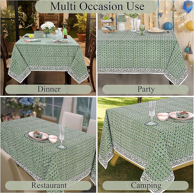 Ridhi Hand Block Print Basil Green Rectangle Cotton Tablecloth 140" x 72" Reusable Table Cover Decorative Everyday Use for Dining, Farmhouse, Home Gift for Spring, Easter, Valentine