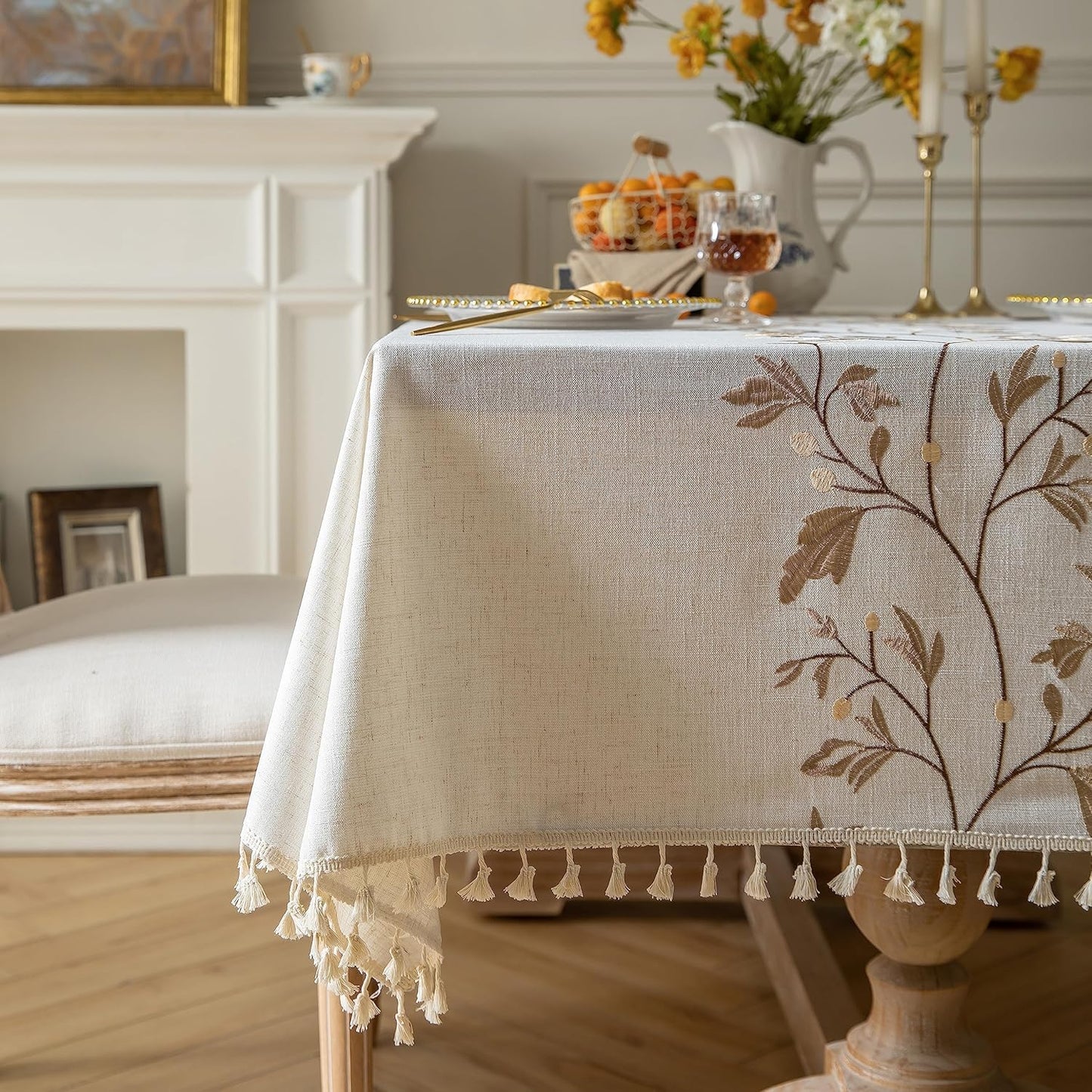Oubonun Cotton Linen Rectangular Tablecloth - Wrinkle Resistant & Waterproof - Machine Washable Table Cloth with Tassels for Kitchen & Dining, 55''x86'', 6-8 Seats