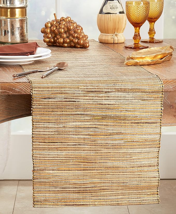 Saro Lifestyle Melaya Collection Shimmering Woven Nubby Table Runner, 14"x90", Gold