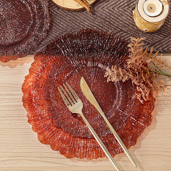 U-QE 60PCS Amber Plastic Plates - Clear Brown Plastic Plates Disposable Heavy Duty - Disposable Plates for Party Including 30PCS 10'' Dinner & 30PCS 7'' Dessert