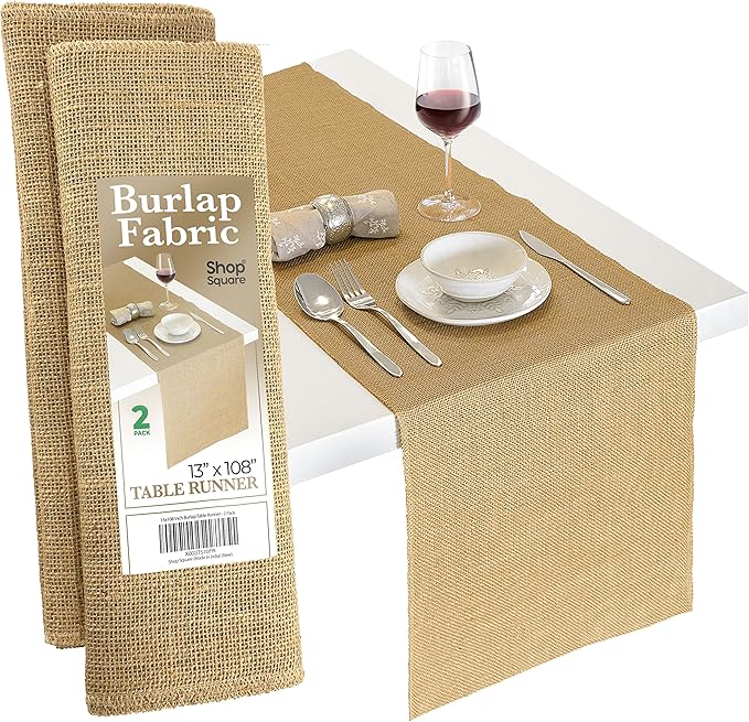Burlap Table Runners, 13 x 108 Inch - 2 Pack Outdoor Rustic Jute Table Runner for Fall, Thanksgiving, Farmhouse Decor, Natural Color Edge