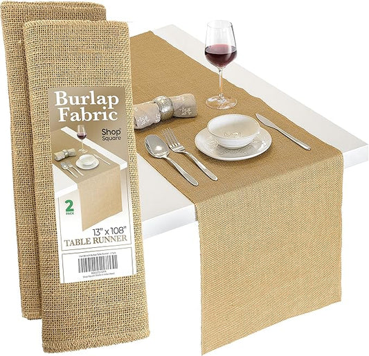 Burlap Table Runners, 13 x 108 Inch - 2 Pack Outdoor Rustic Jute Table Runner for Fall, Thanksgiving, Farmhouse Decor, Natural Color Edge