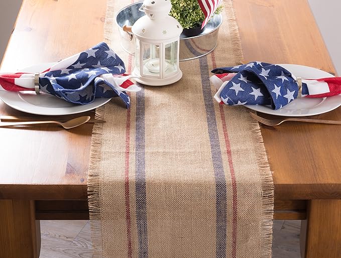 DII Jute Burlap Collection Kitchen Tabletop, Table Runner, 14x108, Double Border Blue/Red