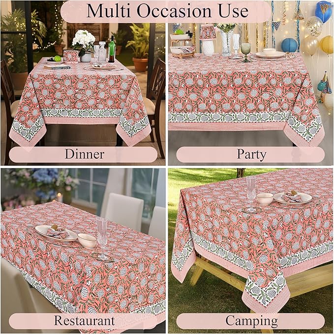 Ridhi Hand Block Print Dark Salmon Pink Rectangle Cotton Tablecloth 90" x 60" Reusable Table Cover Decorative Everyday Use for Dining, Farmhouse, Home Gift for Spring, Easter, Valentine
