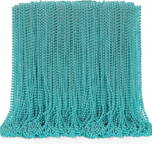 144PCS Mardi Gras Beads, Lake Blue Mardi Gras Rose Necklaces Bulk, Metallic 33" Mardi Gras Round Beaded Necklace Stuff, Festival Parade Throw Accessories Wedding Gender Reveal Party Supplies Decor
