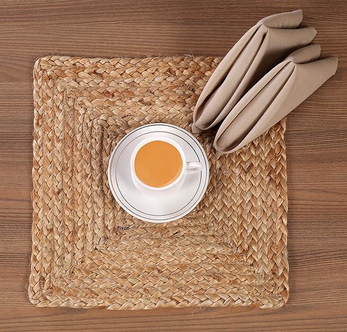 GLAMBURG Jute Braided Placemats Set of 4 Reversible, 100% Jute, Nonslip 13x13 Square Farmhouse Vintage Jute Placemats for Dining Table, Perfect for Indoor Outdoor, Natural