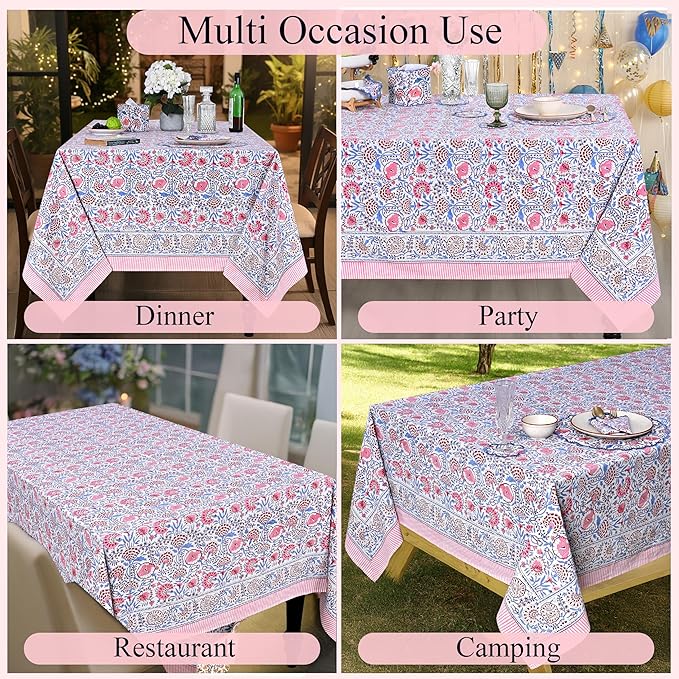 Ridhi Hand Block Print Pigeon Blue Flamingo Pink Rectangle Cotton Tablecloth 190" x 72" Reusable Table Cover Decorative Everyday Use for Dining, Farmhouse, Home Gift for Spring, Easter, Valentine