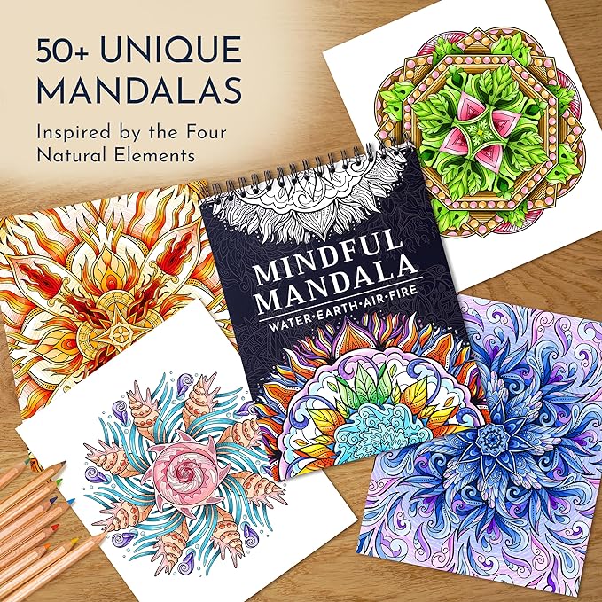 RYVE Mandala Coloring Book for Adults – 50 Unique Mandalas for Relaxation & Stress Relief – Adult Coloring Books Spiral Bound, Adult Coloring Books for Women & Men Mindfulness Coloring Book for Adults