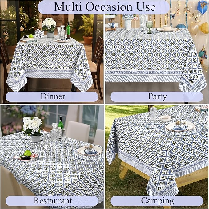 Ridhi Hand Block Print Light Steel Blue Rectangle Cotton Tablecloth 102" x 48" Reusable Table Cover Decorative Everyday Use for Dining, Farmhouse, Home Gift for Spring, Easter, Valentine