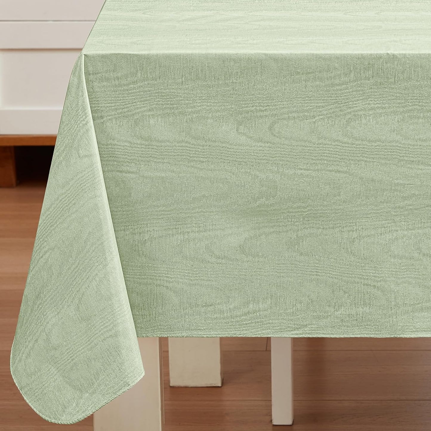 Newbridge Vinyl Flannel Backed Tablecloth, 52 x 70 Inch Rectangle, Sage Green Moire Wavy Solid Design, Heavyweight Indoor Outdoor Waterproof Table Cover, Easy Care Wipe Clean