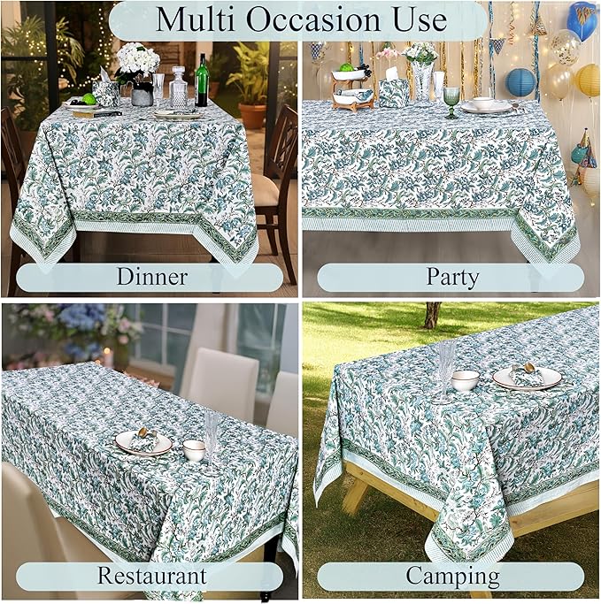 Ridhi Hand Block Print Sage Russian Green Rectangle Cotton Tablecloth 160" x 72" Reusable Table Cover Decorative Everyday Use for Dining, Farmhouse, Home Gift for Spring, Easter, Valentine