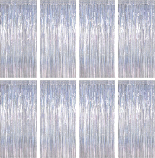 8 Pack Fringe Backdrop, 3.28 FT x 7.05 FT Glitter Silver Fringe Tinsel, Metallic Foil Curtains Disco Photo Backdrop Foil Streamer, Silver Party Decorations Disco Decor Engagement Party Supplies