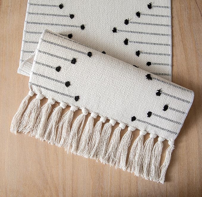 Boho Table Runner 13 x 48 Inch Long Natural Cotton Woven Runner with Tassels for Home Dining Table décor, for Modern Farmhouse Decor Coffee Table Runner, Black and Beige