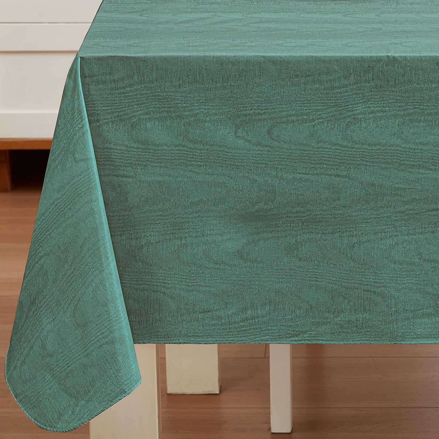 Newbridge Vinyl Flannel Backed Tablecloth, 60 x 84 Inch Rectangle, Hunter Green Moire Wavy Solid Design, Heavyweight Indoor Outdoor Waterproof Table Cover, Easy Care Wipe Clean