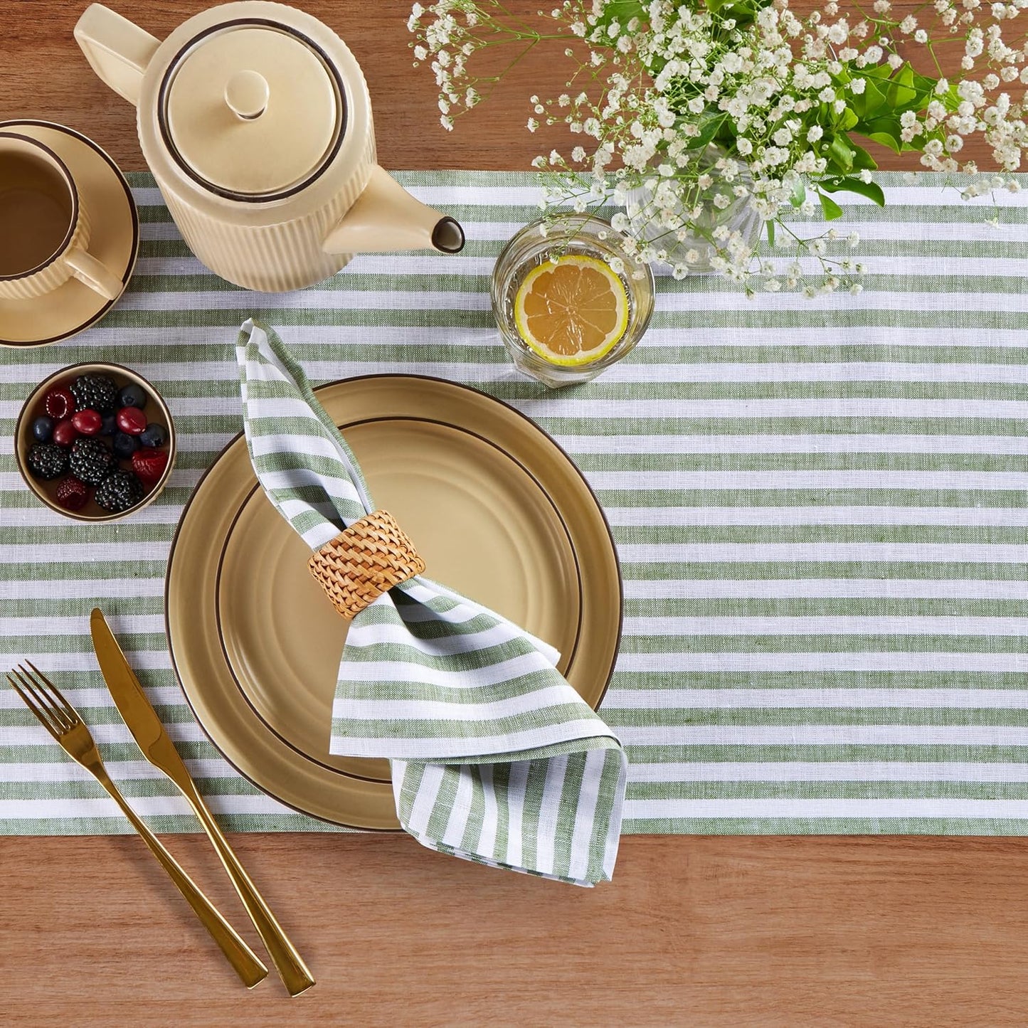 Solino Home Linen Table Runner 108 Inches Long - Amalfi Stripe, 100% Pure Linen Green and White Table Runner 14 x 108 Inch for Dining, Fall, Autumn, Christmas