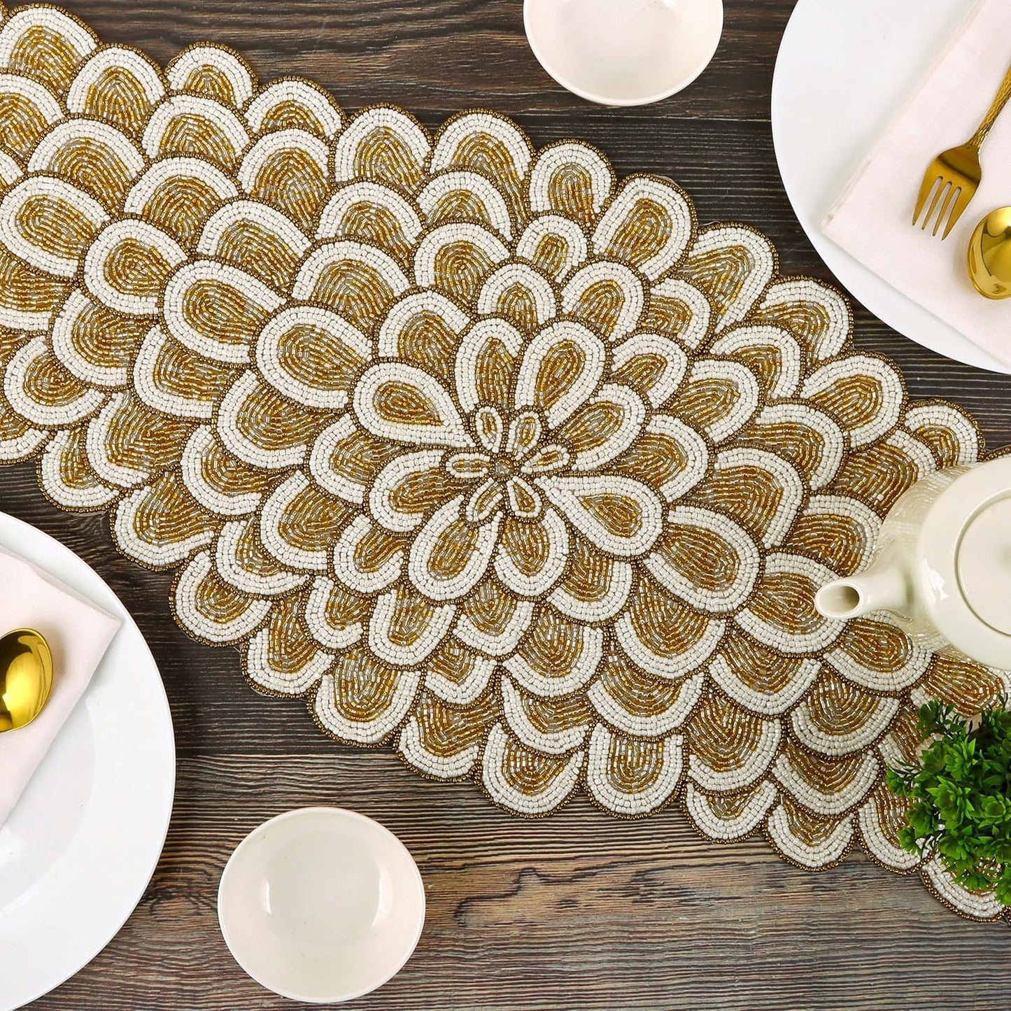 Beaded Table Runners 36 Inches, Hand Beaded Decorative Farmhouse Glitz Table Runner for Christmas Wedding Baby Shower Bridal Shower, Seasonal Winter Holiday Kitchen Dining Table - CLEENTABLE