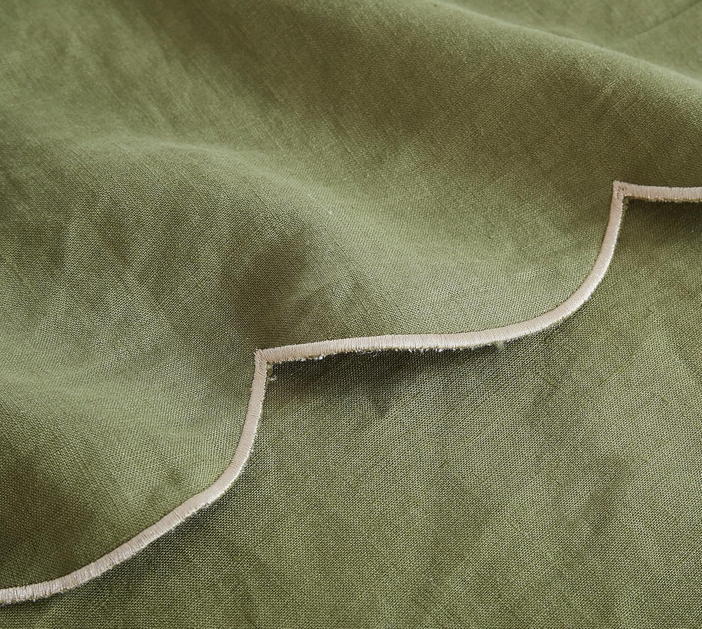 100% French Flax Linen Tablecloths Scalloped Embroidery Rectangle 84Lx60W Inch for Dinners, Parties, Spring, Easter, Machine Washable, 6-8 Sets, Olive Green(Edges-Gold)