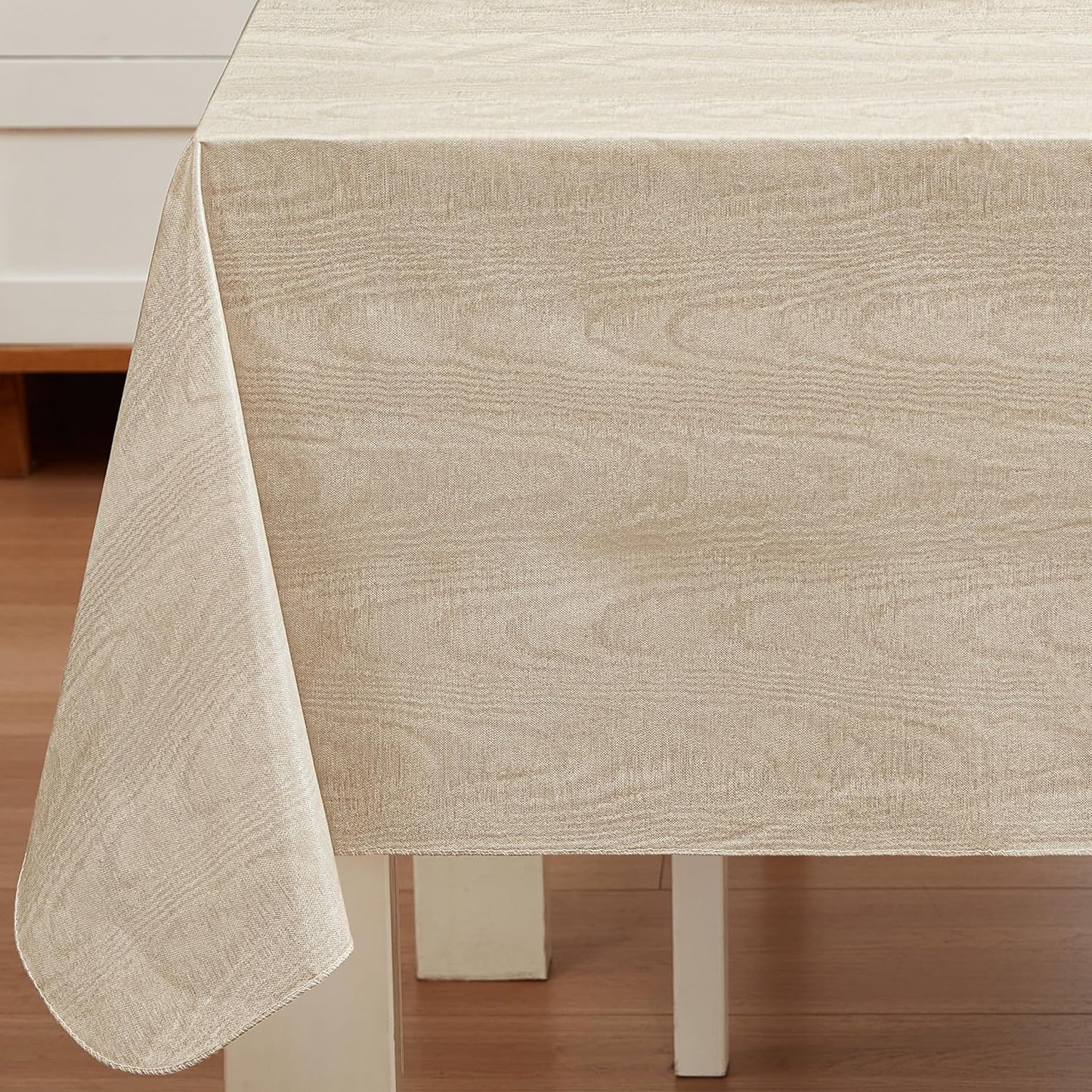 Newbridge Vinyl Flannel Backed Tablecloth, 60 x 102 Inch Rectangle, Taupe Moire Wavy Solid Design, Heavyweight Indoor Outdoor Waterproof Table Cover, Easy Care Wipe Clean