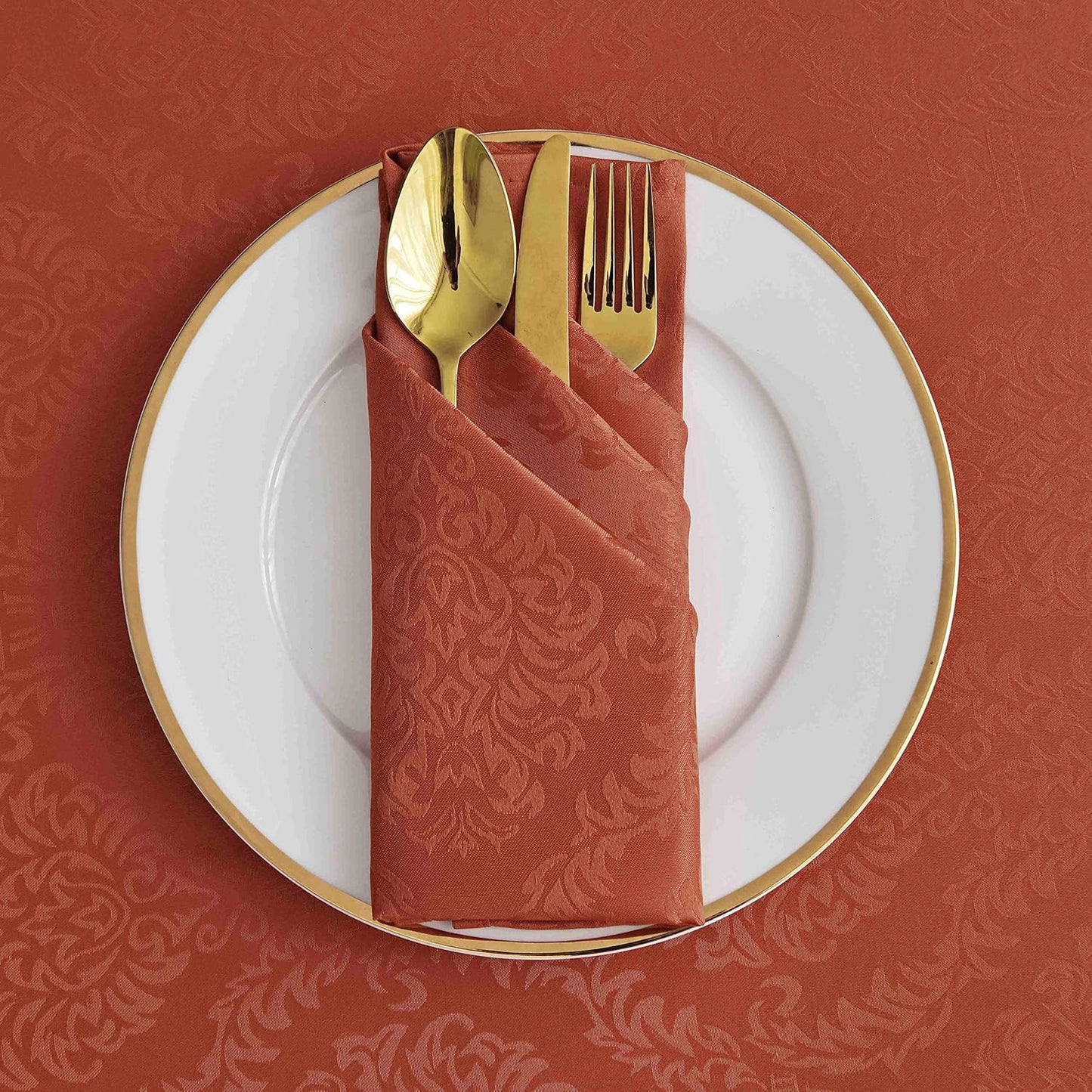 maxmill Jacquard Cloth Napkin 20 x 20 Inch Damask Pattern Solid Washable Polyester Dinner Napkins Set of 4 Pieces with Hemmed Edges for Holiday Dinners Weddings Parties and Banquets Rust