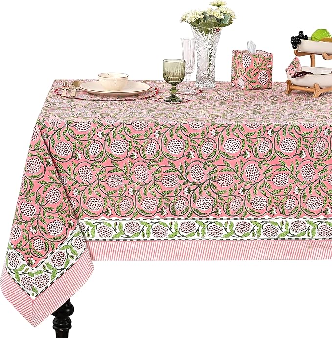 Ridhi Hand Block Print Strawberry Pink Rectangle Cotton Tablecloth 160" x 72" Reusable Table Cover Decorative Everyday Use for Dining, Farmhouse, Home Gift for Spring, Easter, Valentine