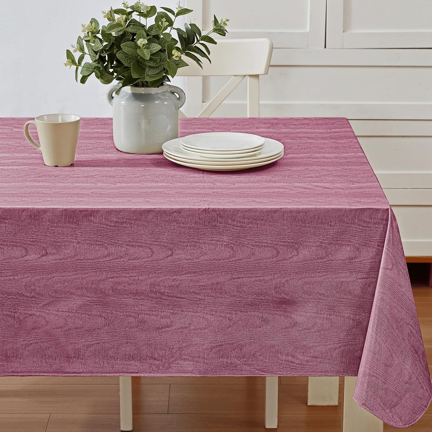 Newbridge Vinyl Flannel Backed Tablecloth, 52 x 52 Inch Square, Burgundy Moire Wavy Solid Design, Heavyweight Indoor Outdoor Waterproof Table Cover, Easy Care Wipe Clean