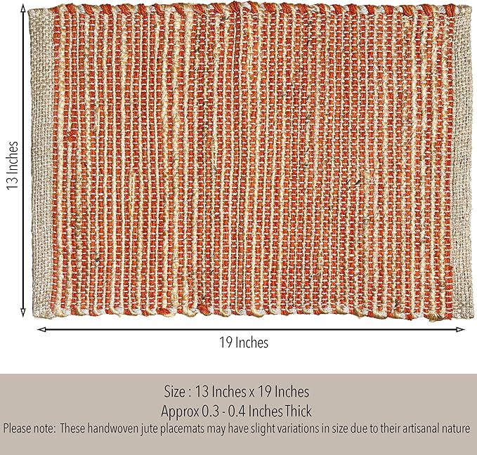Chardin Home Natural Jute & Rust Orange Placemats, Set of 4 – Rustic Handmade Boho Table Mats, 13x19 Inch Dining Table Placemats for Kitchen, Everyday Meals, Holidays, Farmhouse or Modern Table Décor