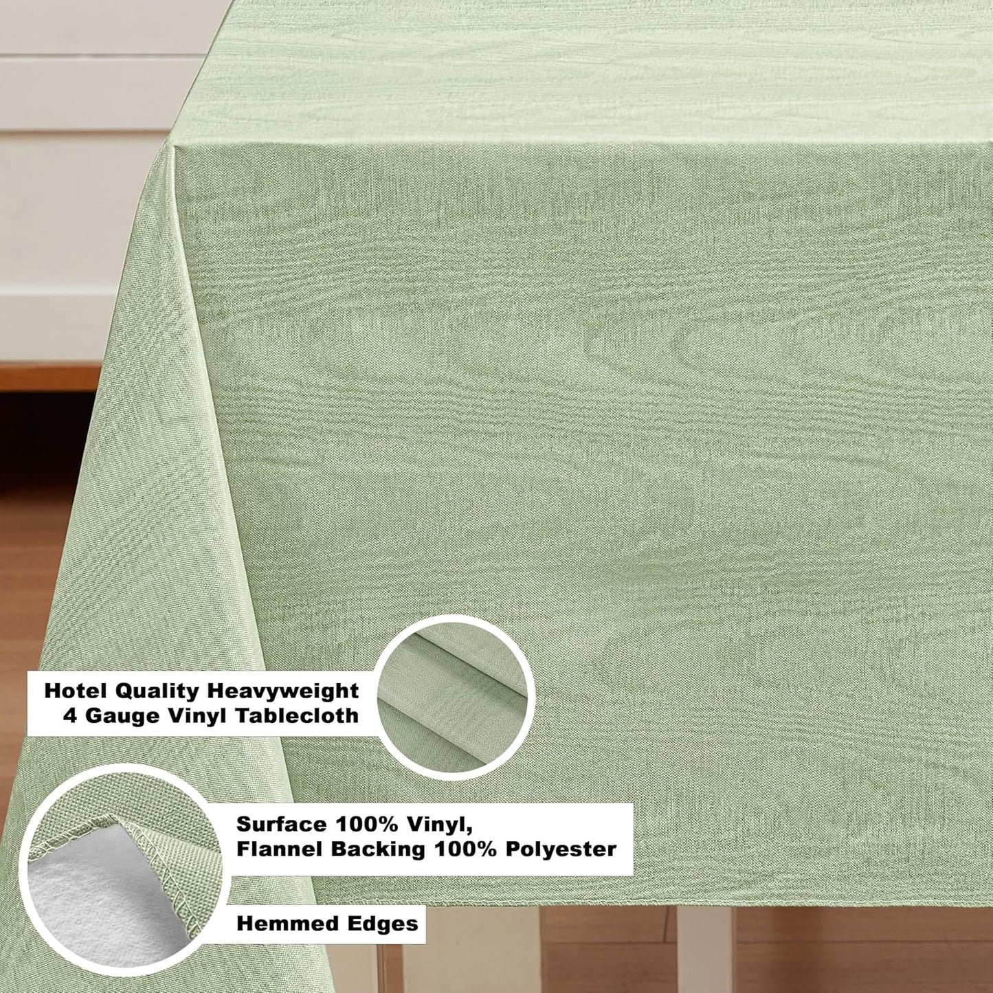 Newbridge Vinyl Flannel Backed Tablecloth, 60 x 84 Inch Rectangle, Sage Green Moire Wavy Solid Design, Heavyweight Indoor Outdoor Waterproof Table Cover, Easy Care Wipe Clean
