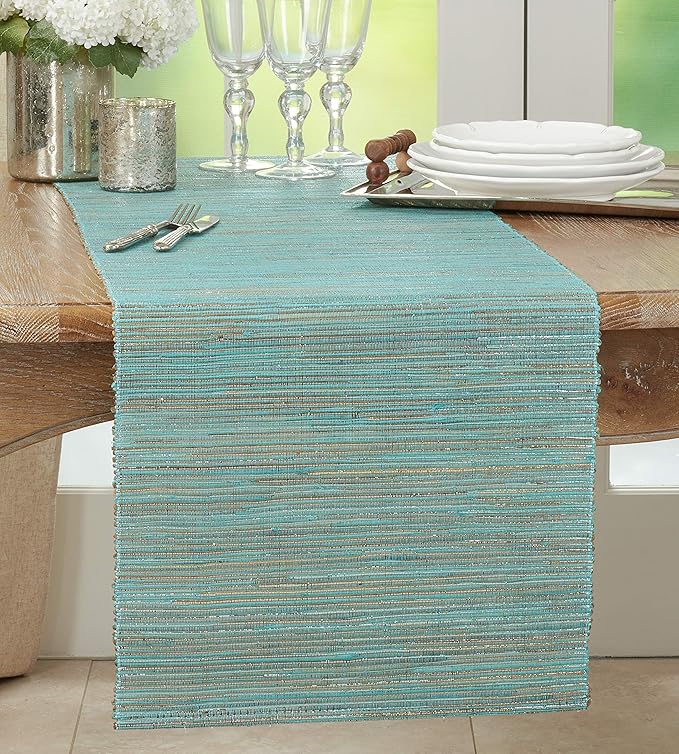 Saro Lifestyle Melaya Collection Shimmering Woven Nubby Table Runner, 14"x108", Turquoise