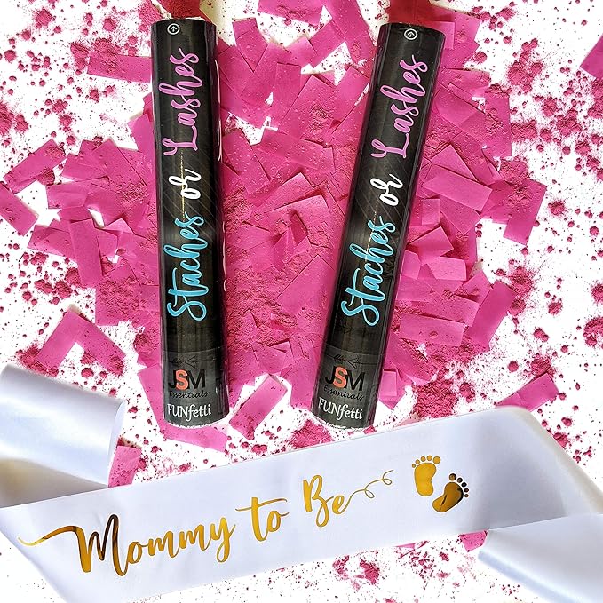 Gender Reveal Confetti and Powder Popper for Themed Baby Boy or Girl Gender Reveal Party and Celebration (Staches Or Lashes, What Will You Be?) Set of 2 Poppers. (Pink Confetti & Powder, Set of 2)