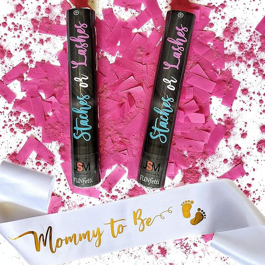 Gender Reveal Confetti and Powder Popper for Themed Baby Boy or Girl Gender Reveal Party and Celebration (Staches Or Lashes, What Will You Be?) Set of 2 Poppers. (Pink Confetti & Powder, Set of 2)