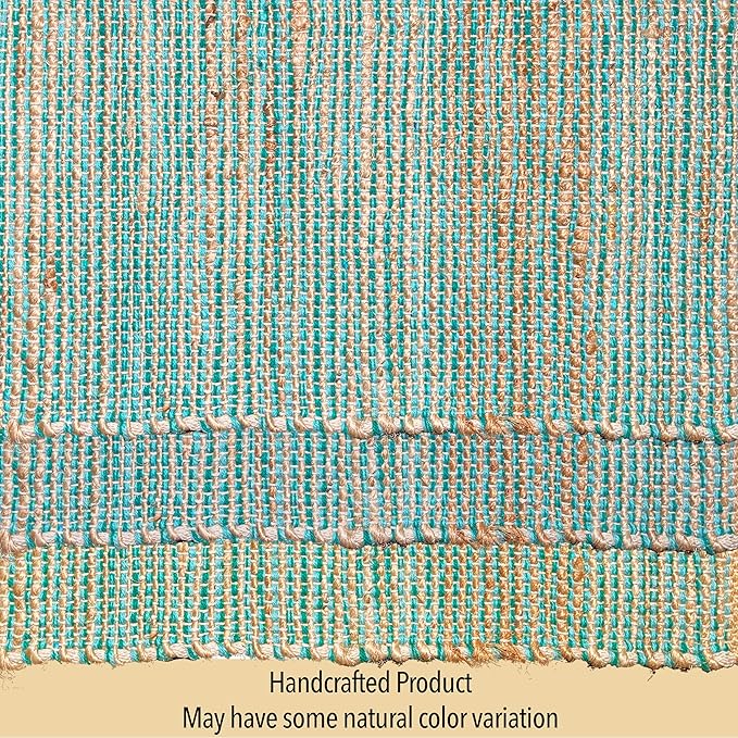 Chardin home Natural Jute Table Runner 13x90 Inch – Vintage Boho Rustic Table Decor – Handwoven Table Runner in Natural Jute and Aqua Turquoise – Farmhouse Dining or Console Table Accent