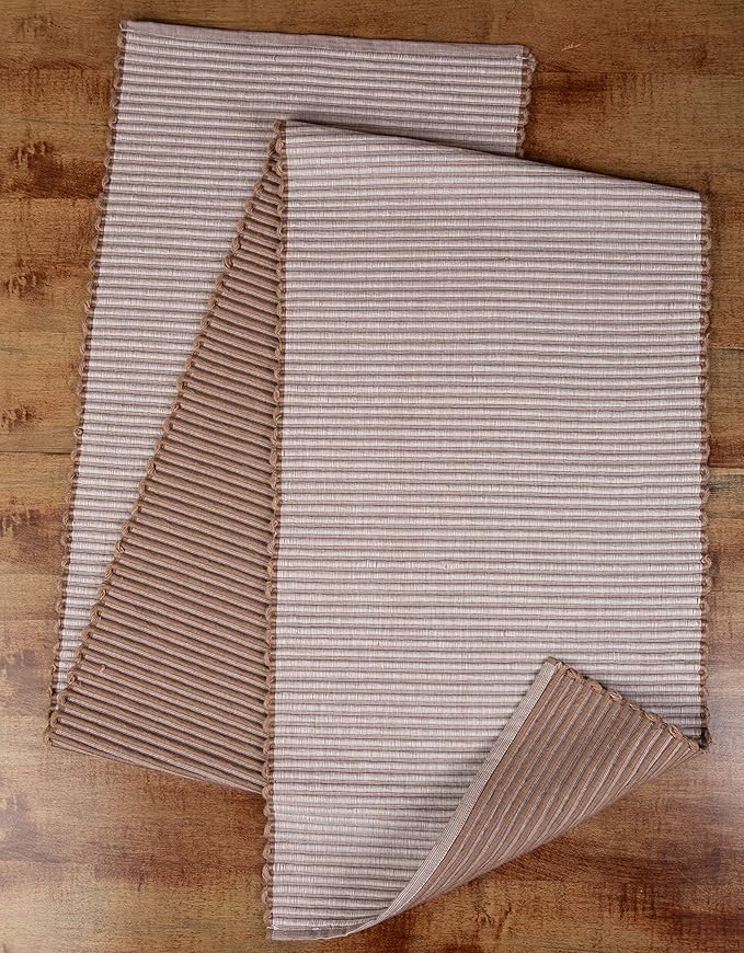 Sticky Toffee Cotton Table Runner 14x72 in – Tan Woven Ribbed Farmhouse Boho Décor for Kitchen or Dining Table, Oeko-Tex