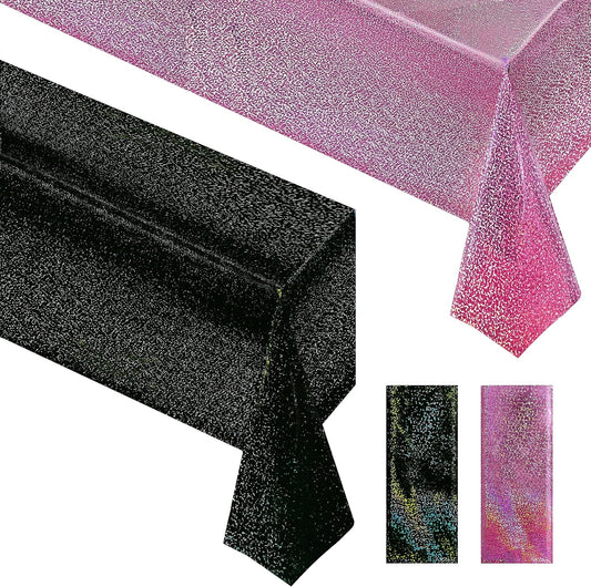 2 pcs Pink & Black Holographic Laser Tablecloth 40" x 108" Party Table Cloth Shimmer Shining Plastic Metallic Table Cover for Pink Halloween Decor Girls Baby Shower Birthday Party Supplies