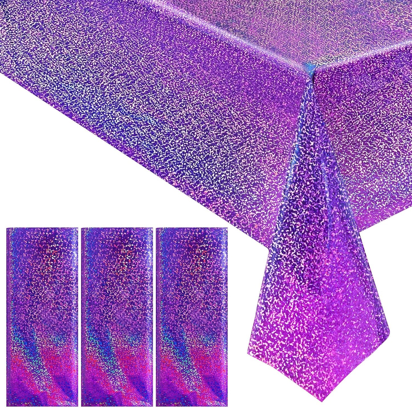 3 pcs Purple Holographic Laser Tablecloths Iridescence Shiny Table Covers 40" x 108" Foil Disposable Rectangle Table cloths for Halloween Bachelorette Birthday Party Wedding Anniversary Decor