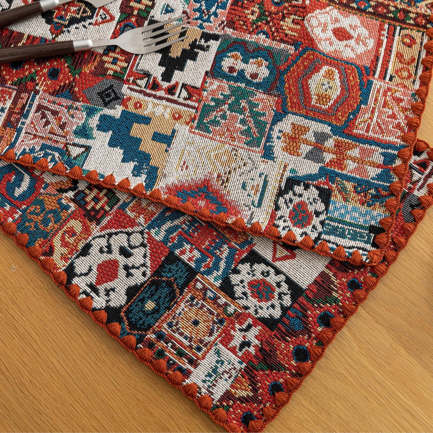 Boho Embroidery Table Runner Accessories Set of 6 Geometry Fall Kitchen Dining Table Decoration for Home Party Decor 13x18inch
