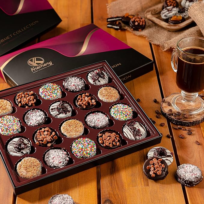 KREMERY Creamy Chocolate Cravings - Halloween Treats For Adults Chocolate Covered Sandwich Cookies & Cream Gift Basket, in Elegant Gift Box (20 Cookies, Assorted Sweet Toppings) Holiday Xmas Christmas