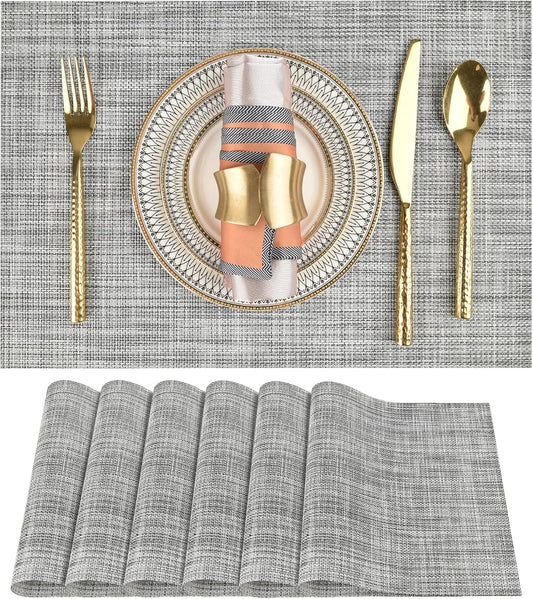 SLKQG Placemats Set of 6 - Easy Clean Washable Vinyl Placemats - Wipeable Heat Resistant Table Mats for Dining Table - 17.7x11.8 Inch (6, Black & White Two-Tone)
