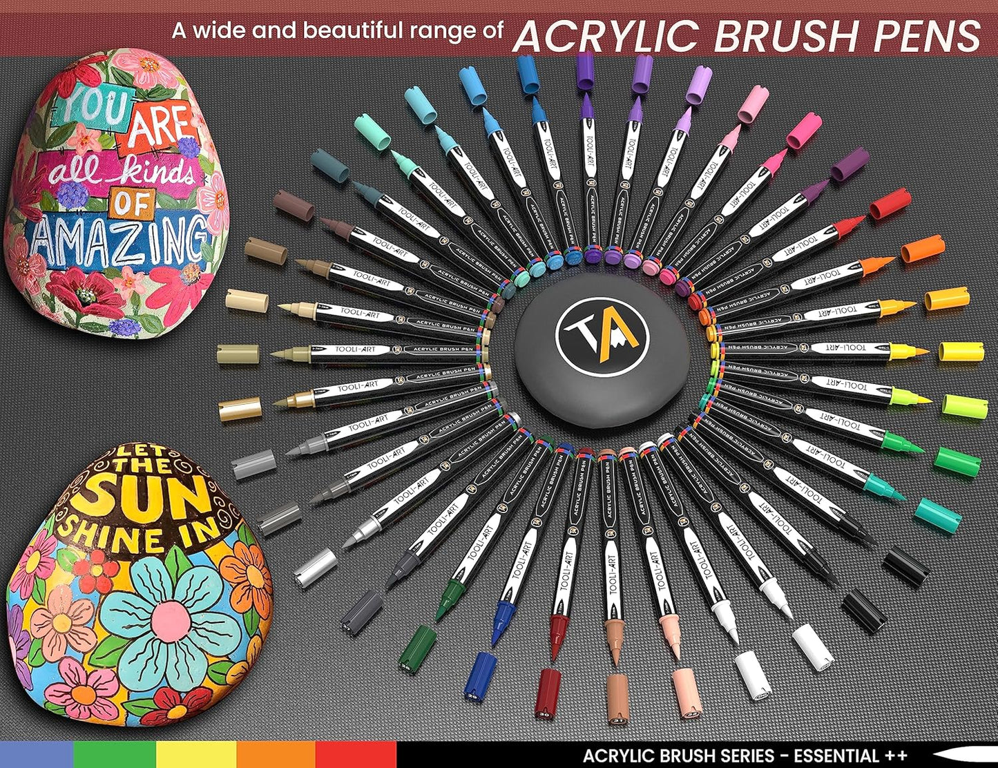 36 Flexible Brush Tip Acrylic Paint Pens Markers Set 1-7mm Line for Rock Painting, Brush Lettering, Scrapbooking, Glass, Mugs, Wood, Metal, Canvas, Fabric, Plastic. Non Toxic Waterbased Quick Drying