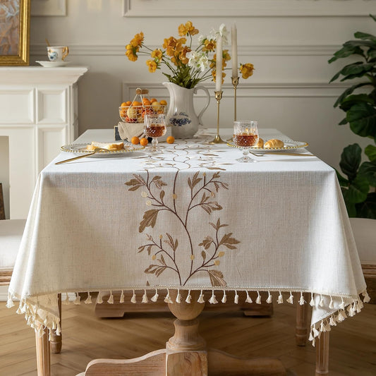Oubonun Cotton Linen Rectangular Tablecloth - Wrinkle Resistant & Waterproof - Machine Washable Table Cloth with Tassels for Kitchen & Dining, 55''x86'', 6-8 Seats