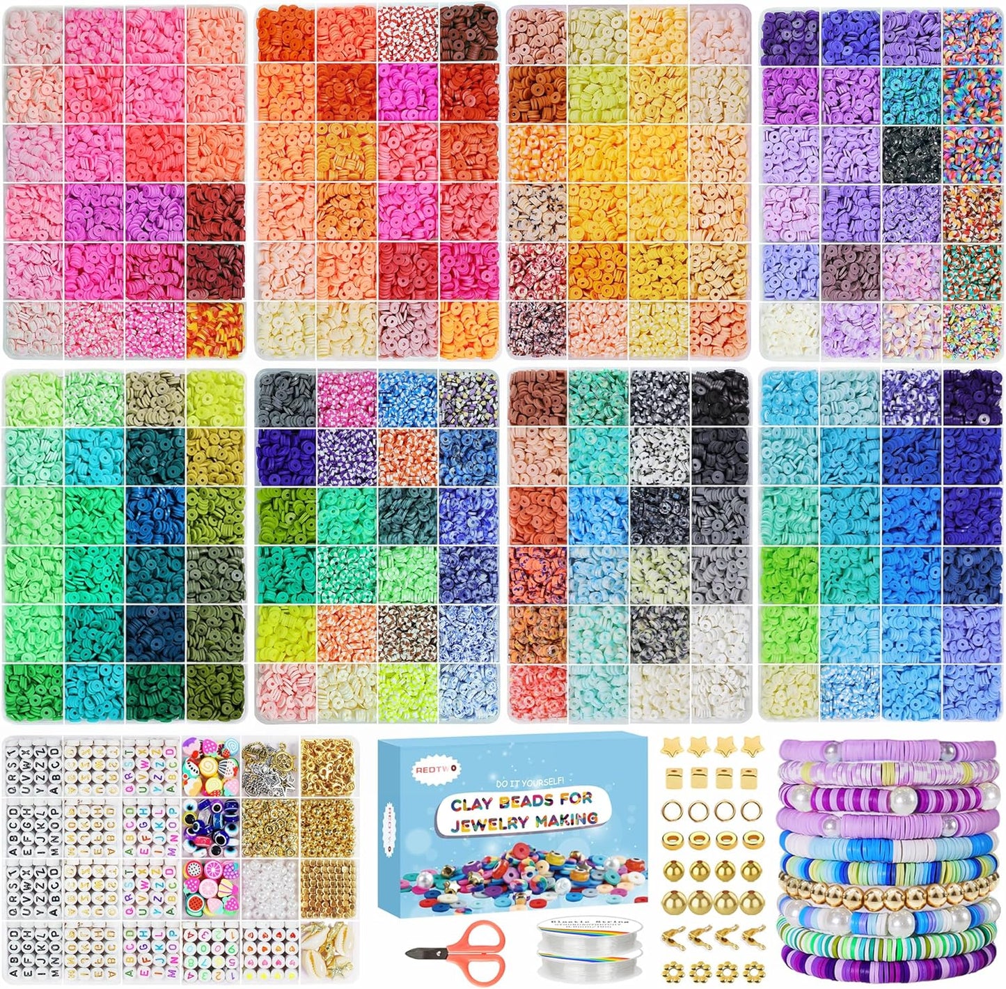 Redtwo 32000 Pcs Clay Beads Bracelet Making Kit, 9 Boxes 192 Colors Friendship Bracelet Kit Flat Polymer Heishi Beads for Jewelry Making, Crafts Gift for Girls Ages 6-12