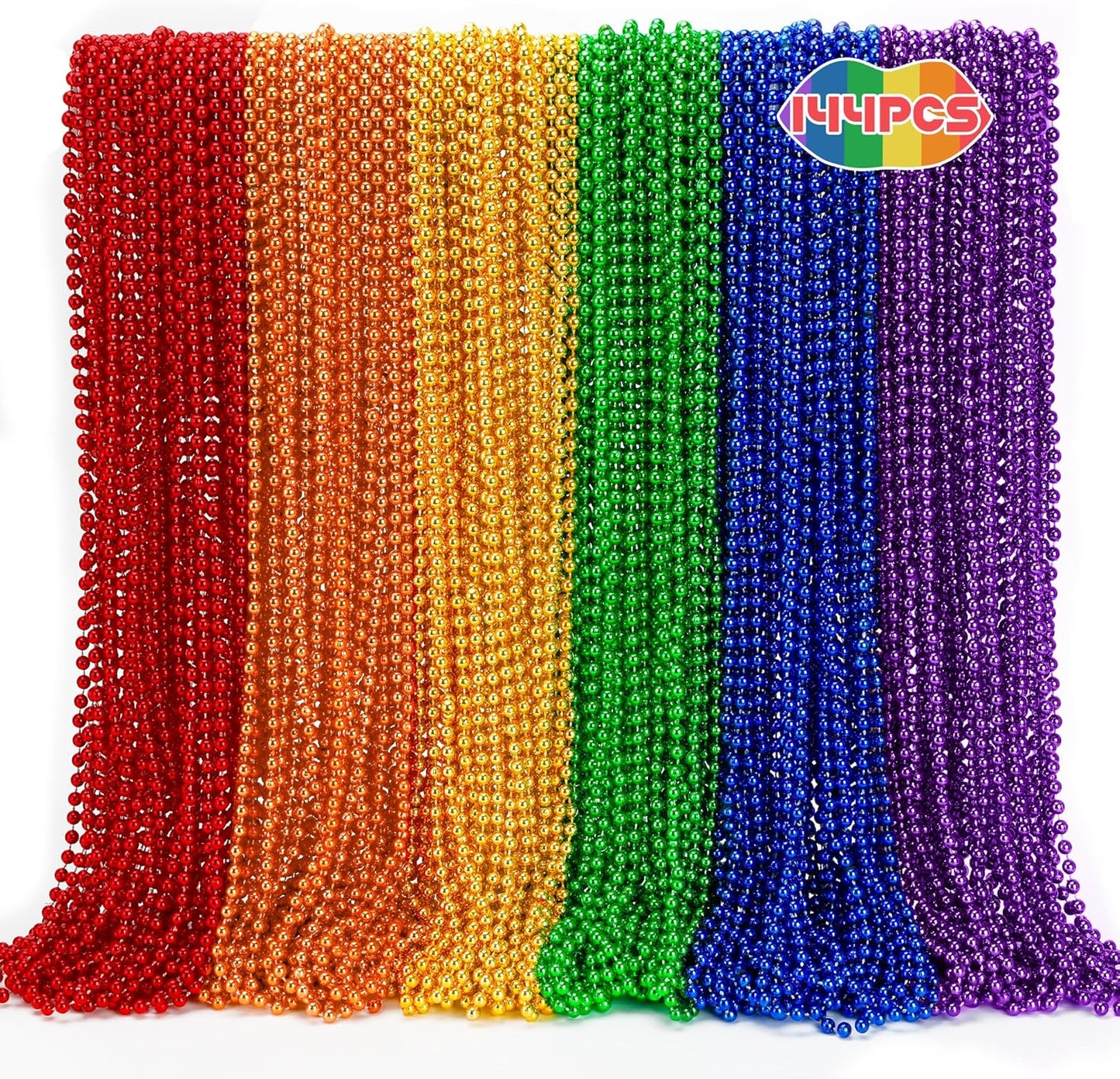 144PCS Pride Accessories, Metallic LGBTQ Beads Necklace Bulk, 6 Kinds of Rainbow Beads Necklaces Stuff, Gay Lesbian Pride Necklace for Costumes Decorations Parade Throws Party Favors
