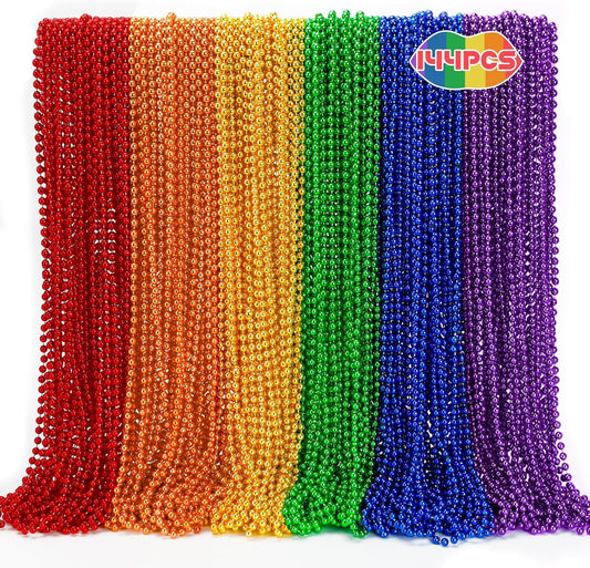 144PCS Pride Accessories, Metallic LGBTQ Beads Necklace Bulk, 6 Kinds of Rainbow Beads Necklaces Stuff, Gay Lesbian Pride Necklace for Costumes Decorations Parade Throws Party Favors