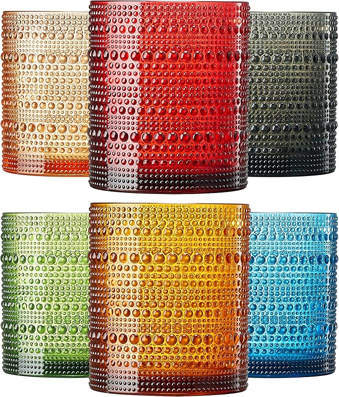 Khen Plastic Hobnail Drinking Glasses Set of 6 Neutral Tones Cups 14oz, Shatterproof & Unbreakable Acrylic Beaded Design, BPA-Free, Dishwasher Safe Indoor/Outdoor Drinkware for Water, Juice, Cocktails