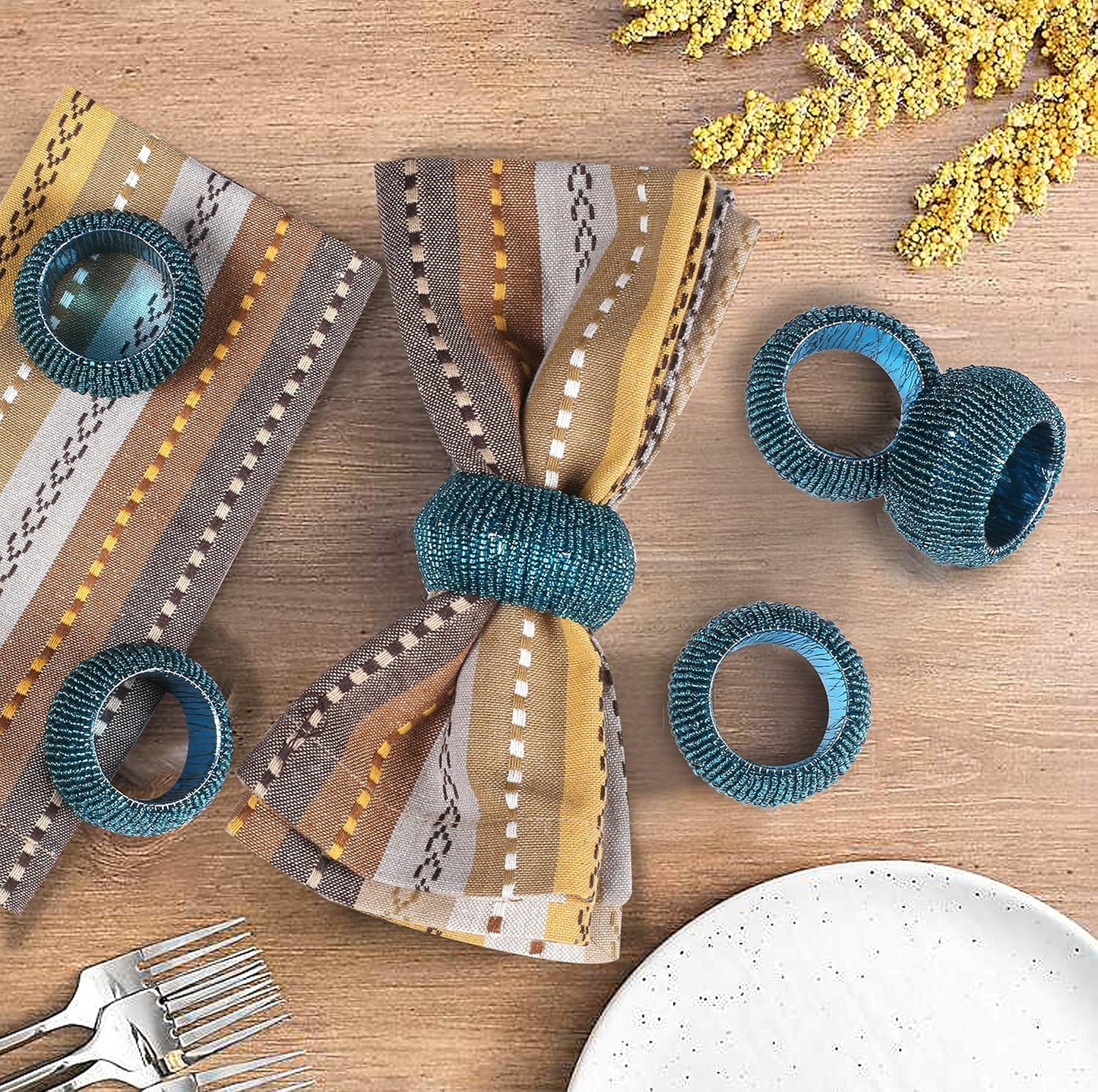 Teal Napkin Ring, Napkin Rings Set of 12, Beaded Napkin Holders, Fall Napkin Rings Bulk for Christmas Party Decoration, Dinning Table, Everyday, Family Gatherings - Set Your Table with Style - Teal