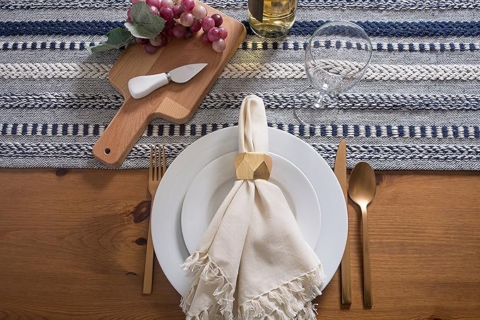 DII Farmhouse Braided Stripe Table Runner Collection, 15x108 (15x113, Fringe Included), Navy Blue