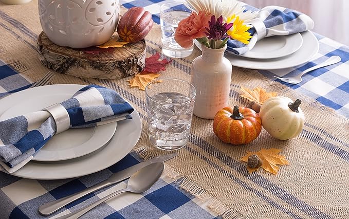 DII Jute Burlap Collection Kitchen Tabletop, Table Runner, 14x108, Double Border Blue